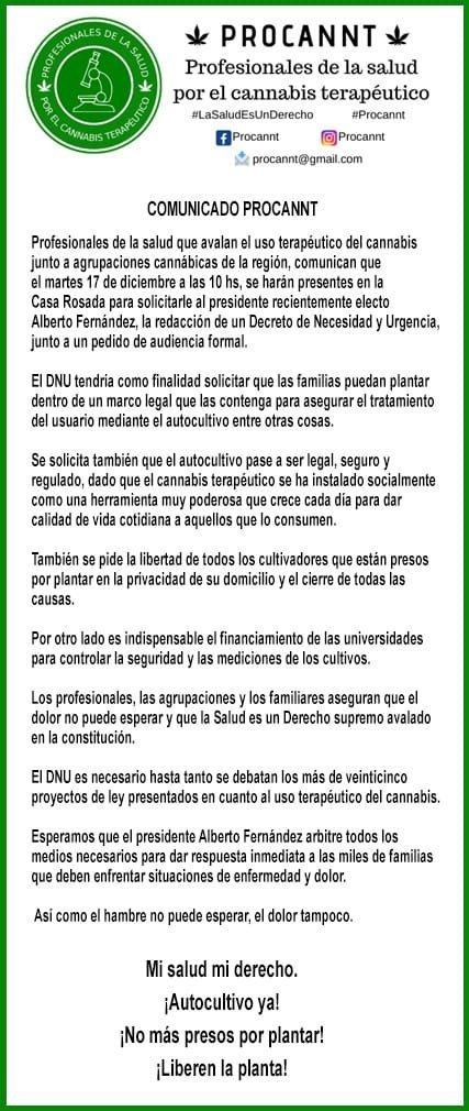 comunicado procannt
Profesionales de la salud por el cannabis terapéutico